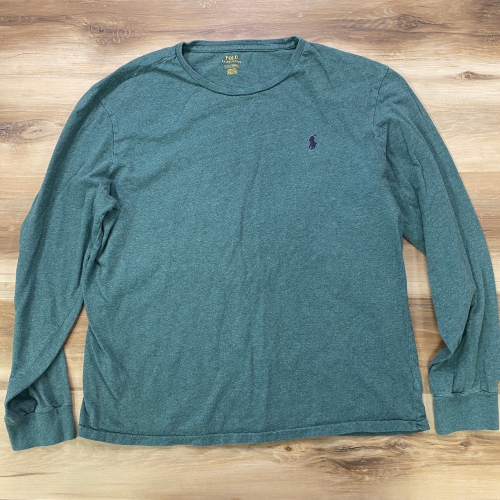 Polo Ralph Lauren Long Sleeve T-Shirt Large Crew Neck Cotton Green Heather L